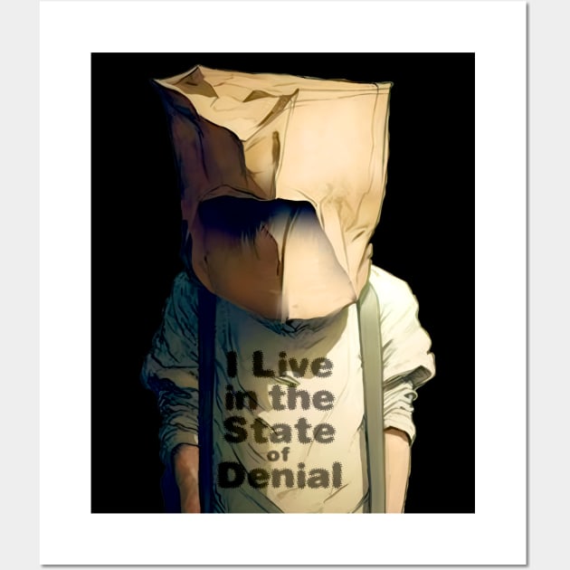 I Live in the State of Denial No. 3: A Person with a Paper Bag over His Head on a dark background Wall Art by Puff Sumo